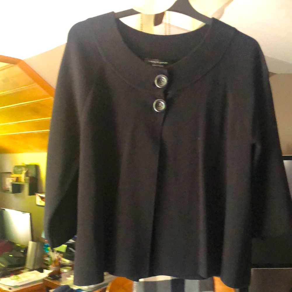 Cable and Gauge Petites Black knit 3/4 sleeve cape style cardigan.